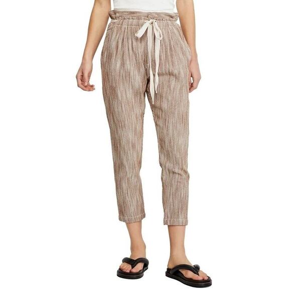 Free People Light At Sunrise Pants Women 4 Brown White Cotton Crop Resort Boho - Picture 1 of 15